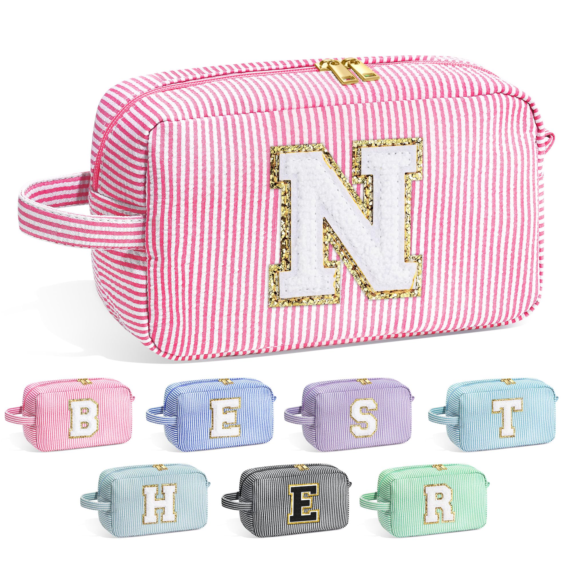 YOOLIFE Personalized Initial Cosmetic Bag front view with secure chenille initial