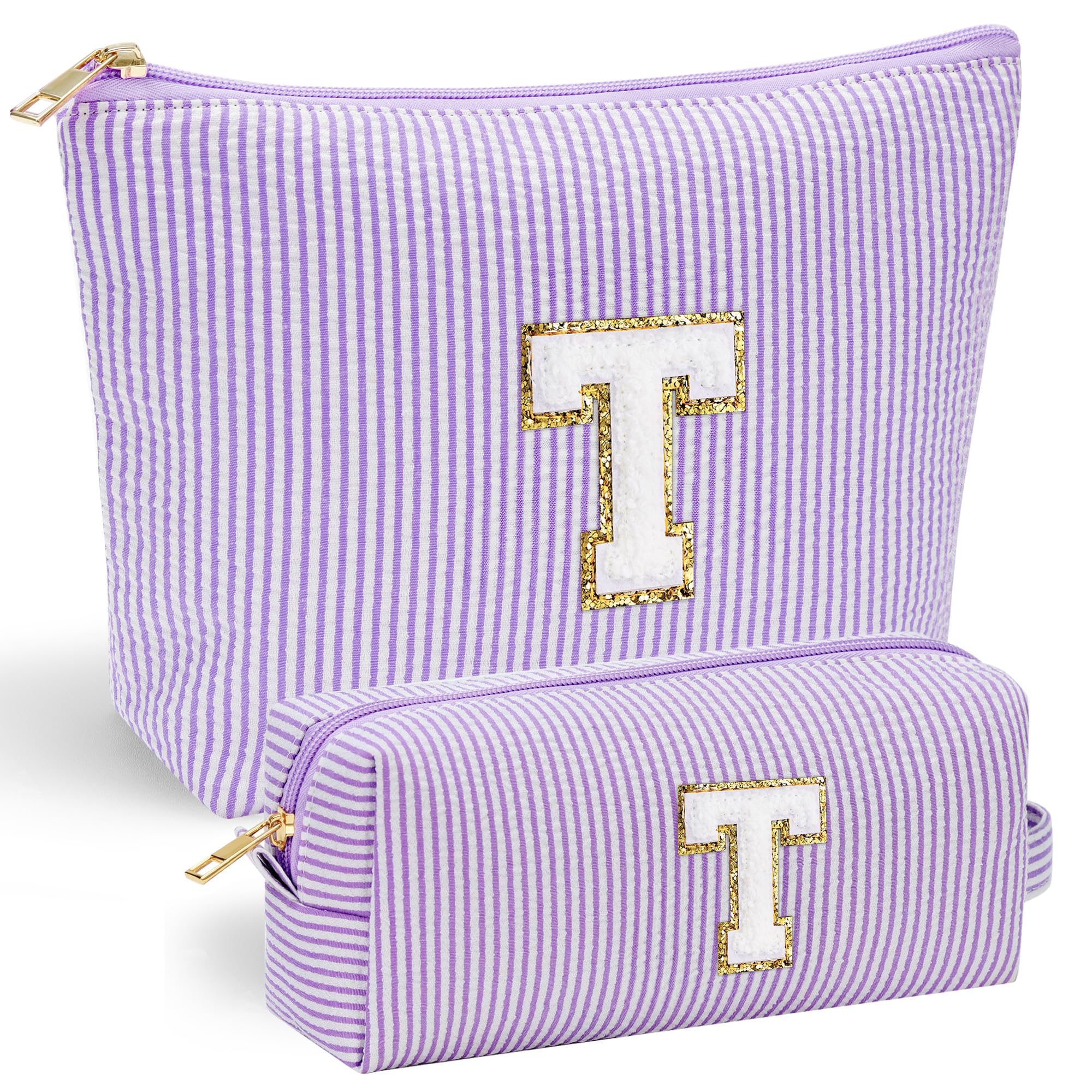 YOOLIFE Preppy Stuff cosmetic bag front view with chenille initial for personalized style