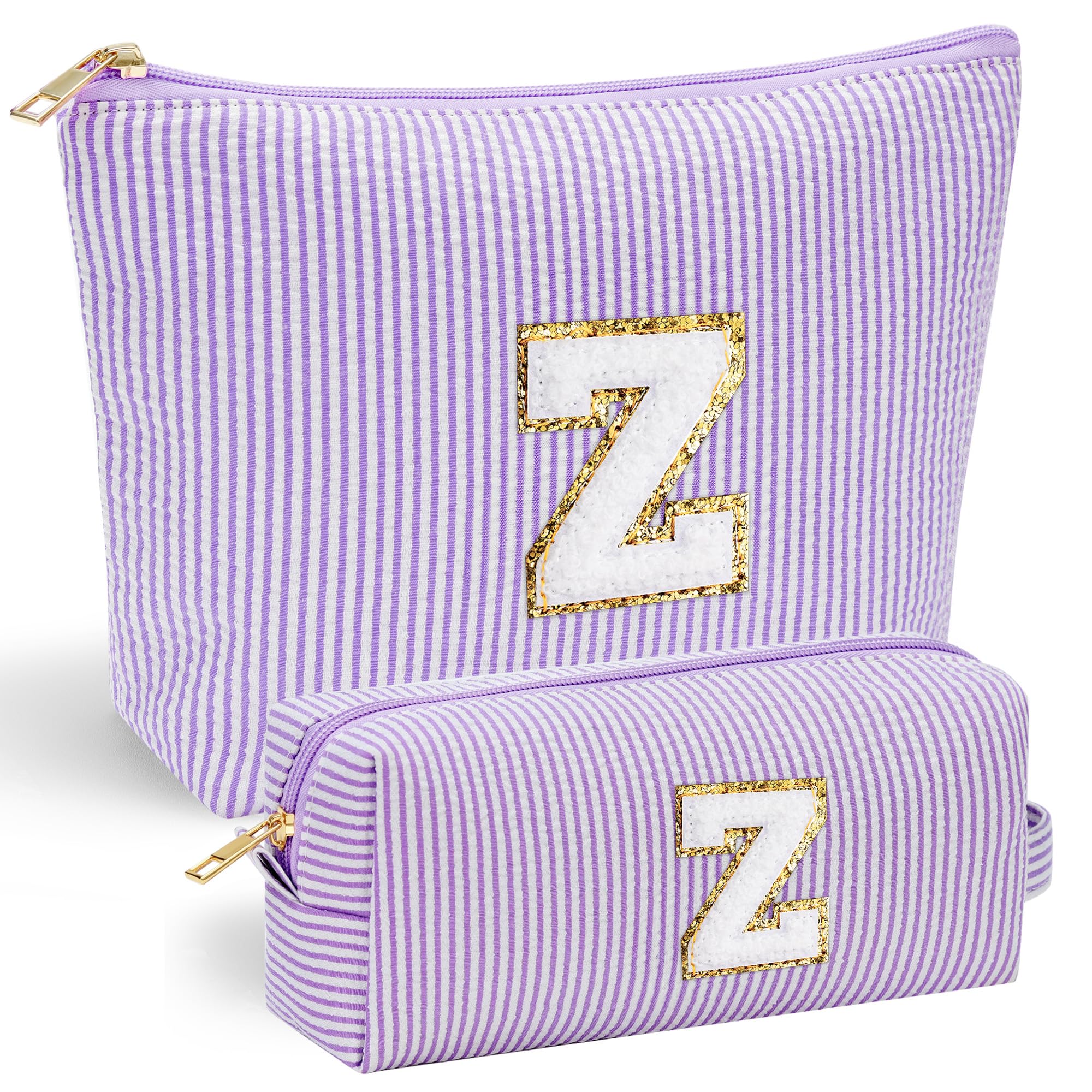 YOOLIFE purple makeup bag front with chenille initial for stylish organization