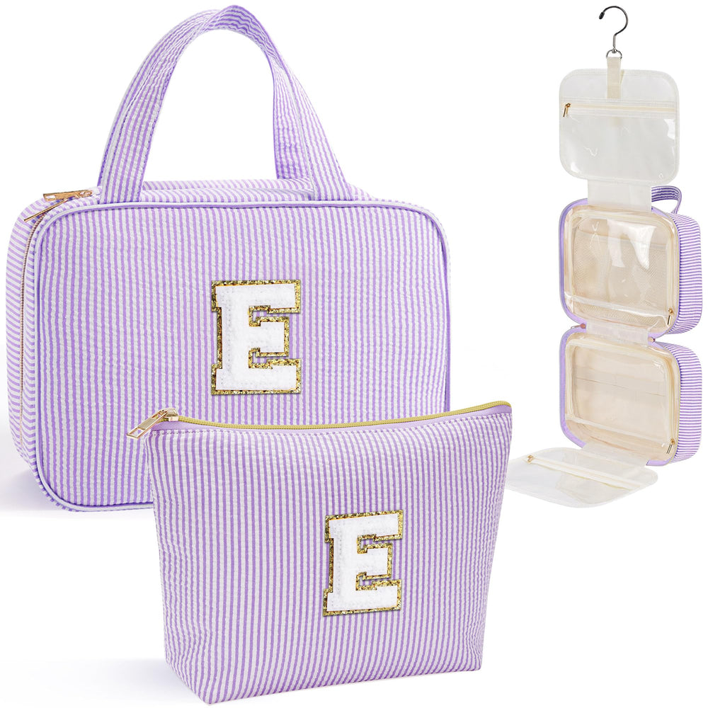 YOOLIFE teen hanging toiletry bag with initial E in purple for organized packing
