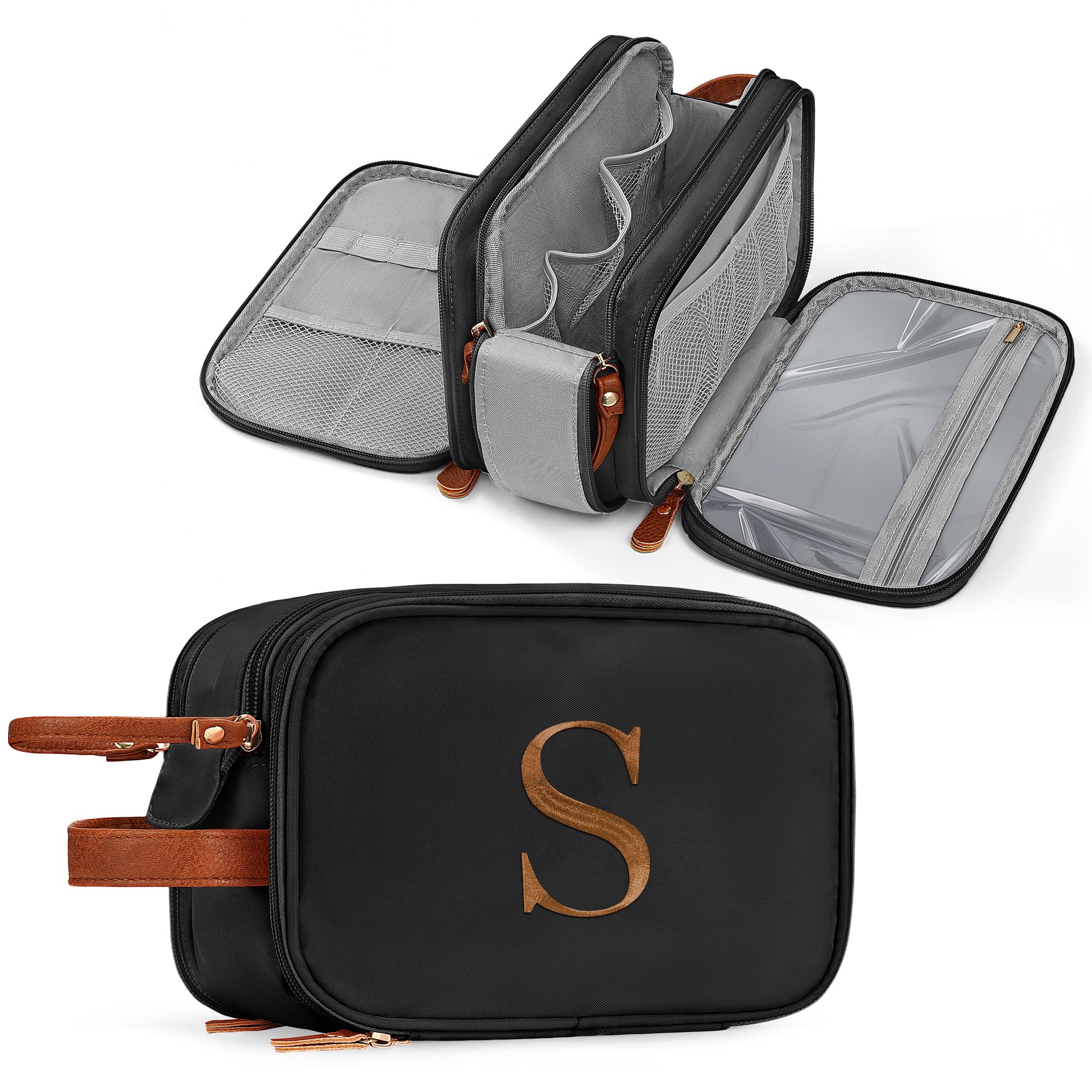 YOOLIFE travel toiletry bag black front view shows spacious main compartment for organized packing
