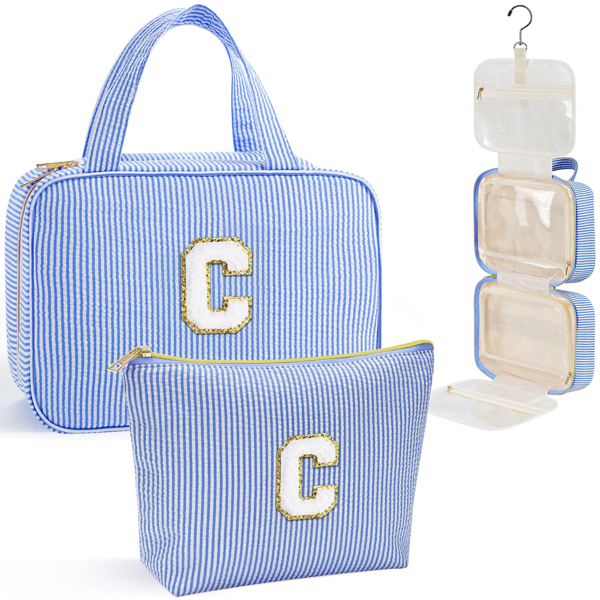 YOOLIFE travel toiletry bag hanging front view illustrates easy access to organized toiletries.