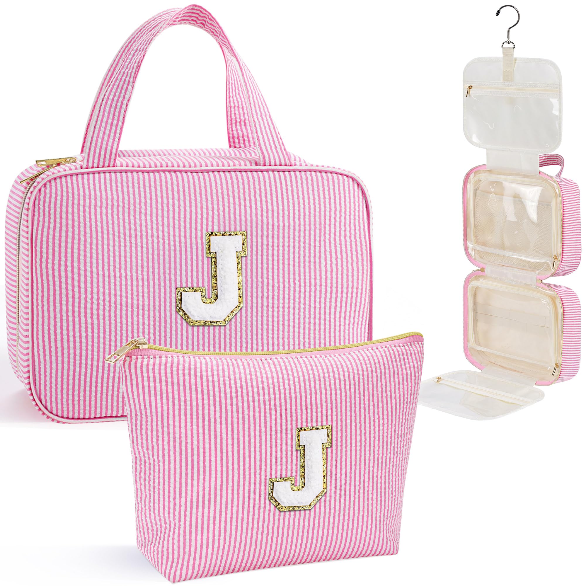 YOOLIFE travel toiletry bag pink hanging with 360° hook for easy access during travel.