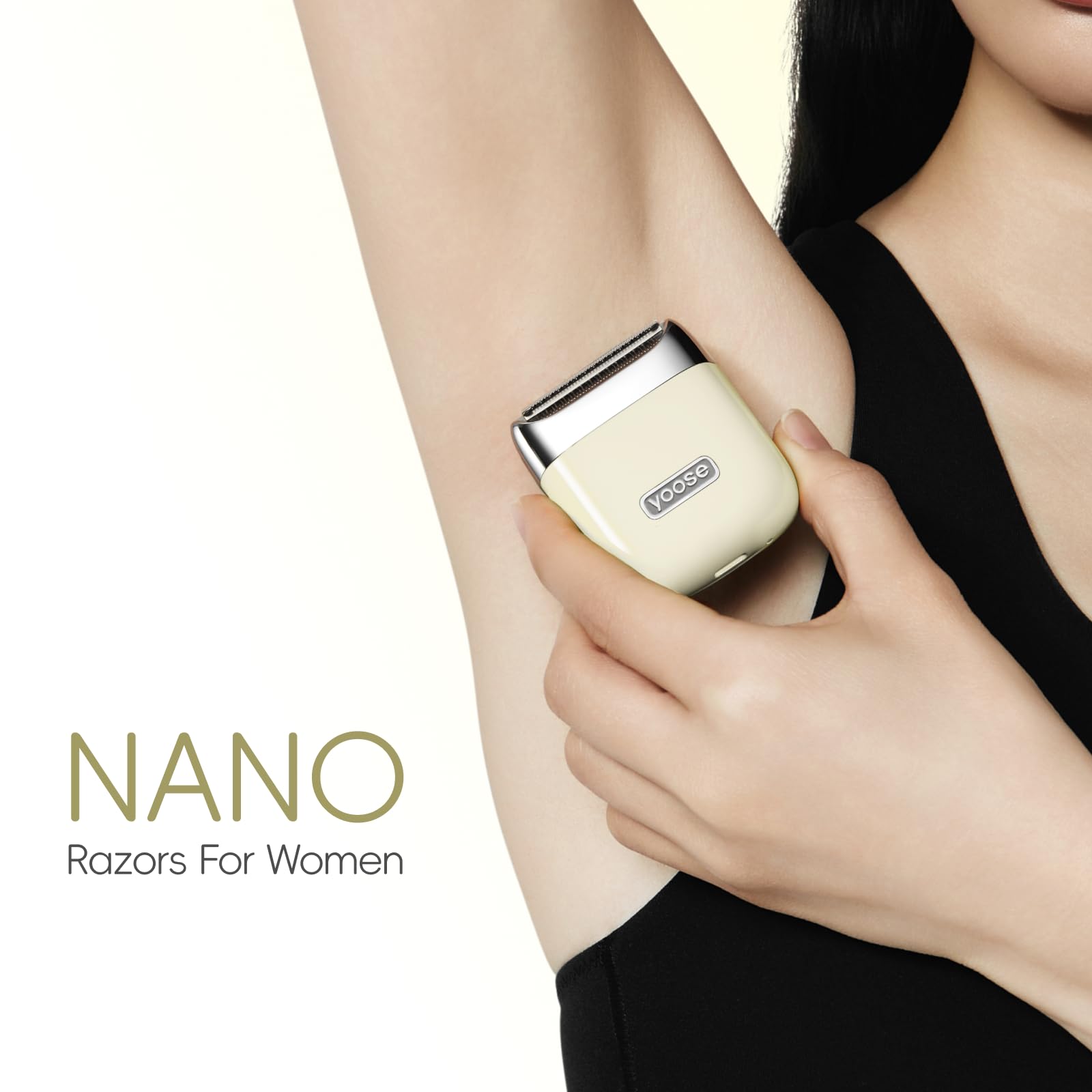 Yoose bikini trimmer with attachments for facial use, cleanly shaping underarms and legs.