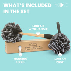 Yoove bamboo charcoal loofah pouf offers gentle exfoliation with oil-control benefits.