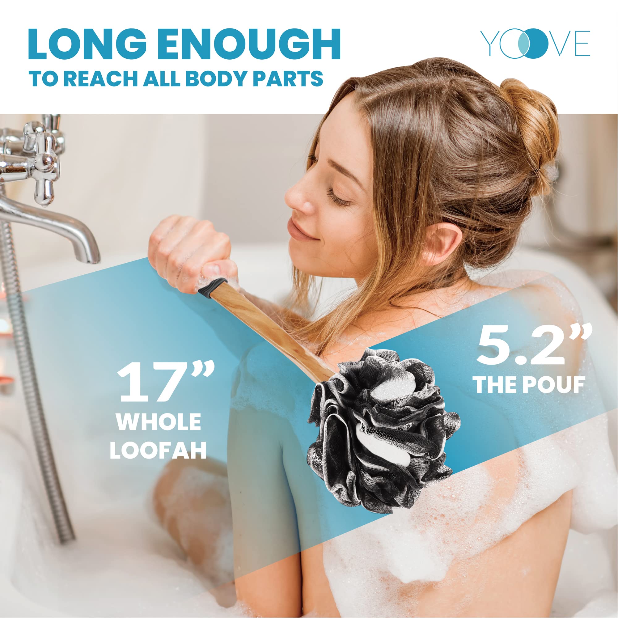 Yoove 17-inch handle grants comfortable reach for back and feet.