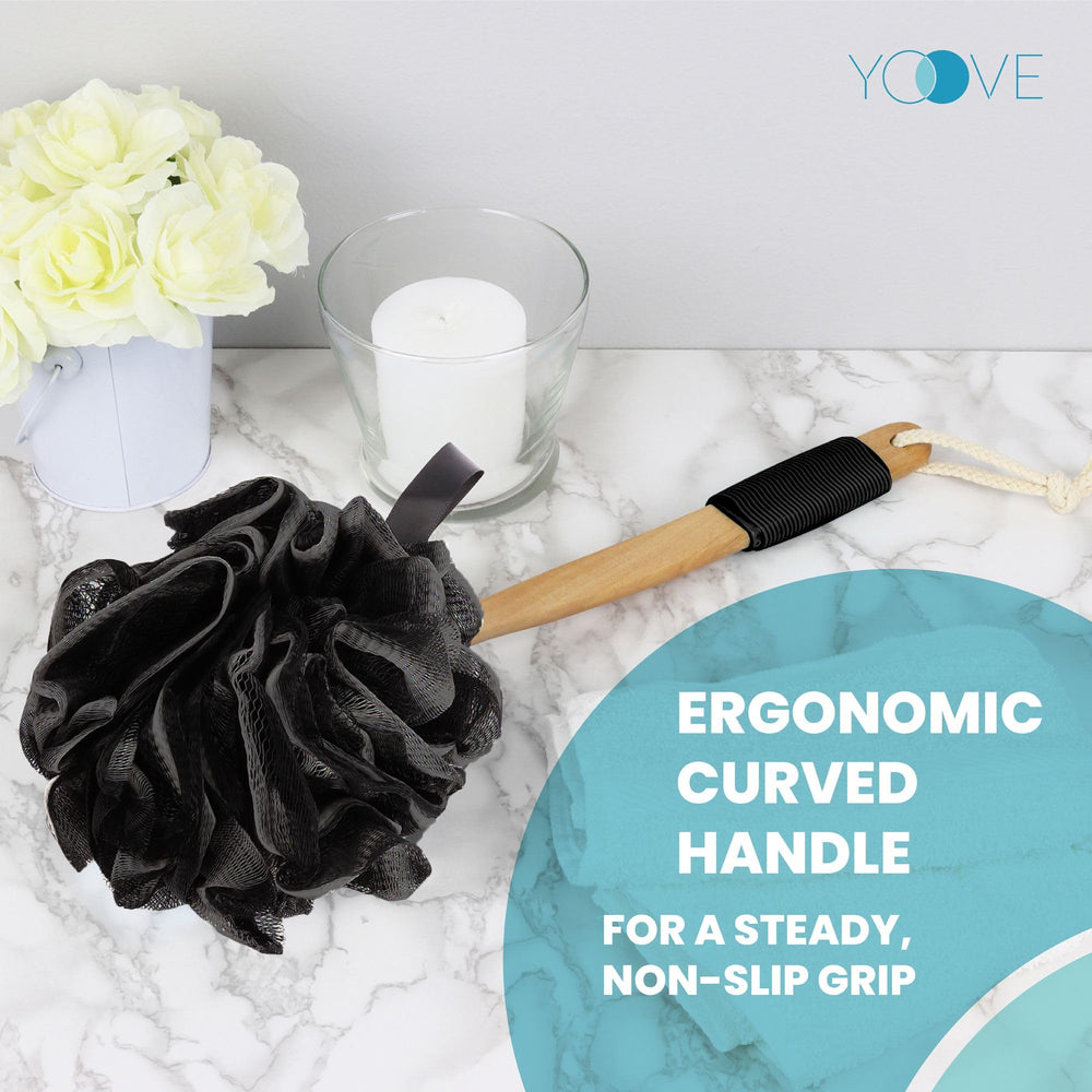 Yoove value-set back scrubber includes hook and pouf for complete routine.