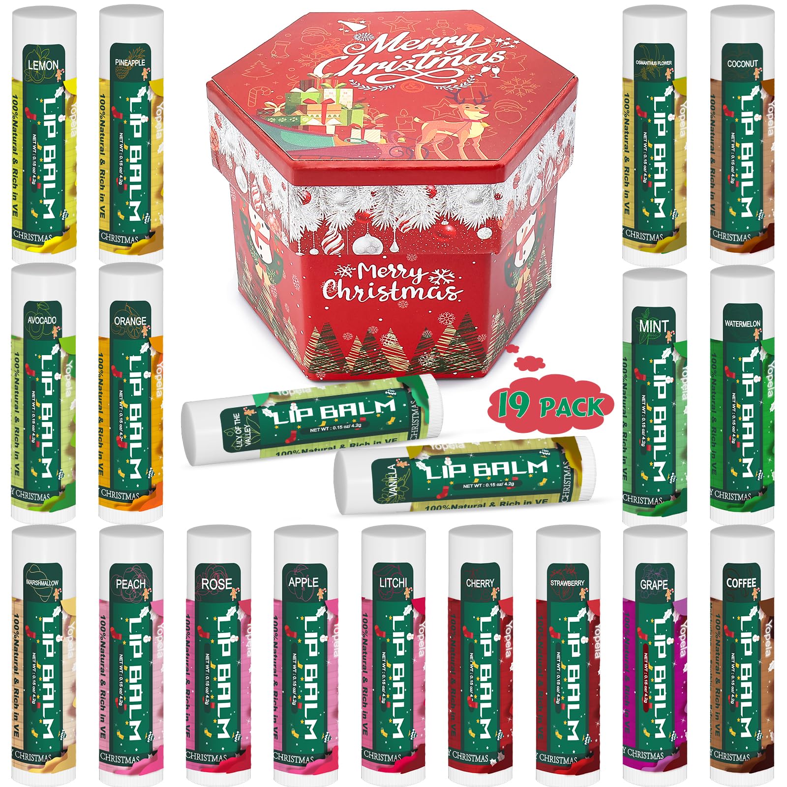 Yopela 19-pack Christmas lip balm bulk, festive packaging ideal for gifting and sharing.
