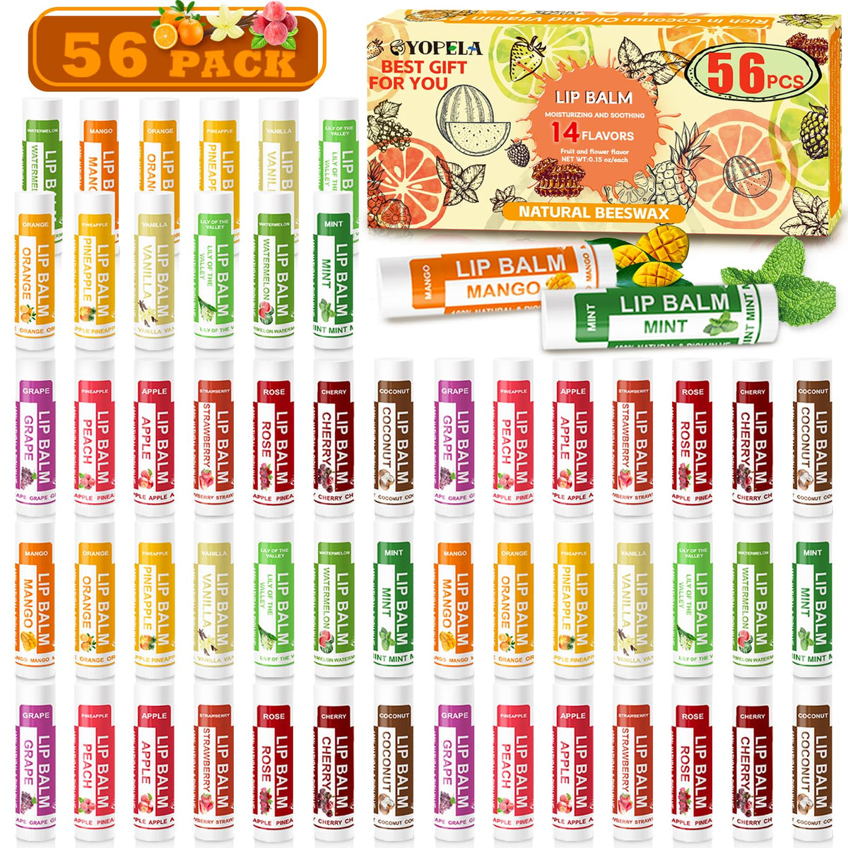 Yopela bulk lip balm collection showing 56 sticks for daily hydration and sharing