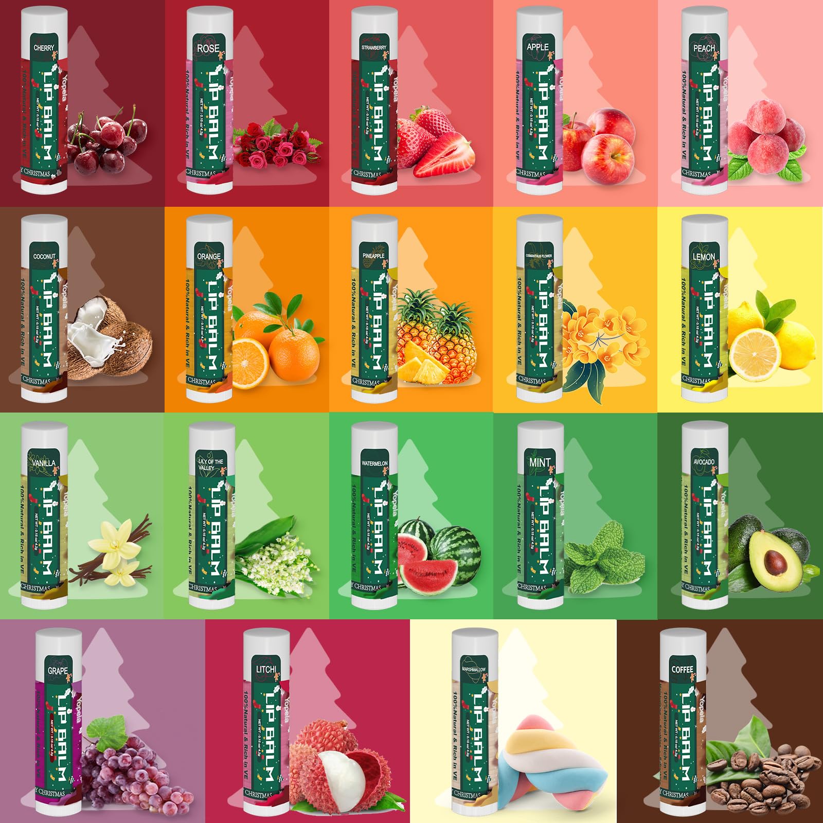 Yopela lip balm flavors assortment highlighting 19 flavor options for hydration.