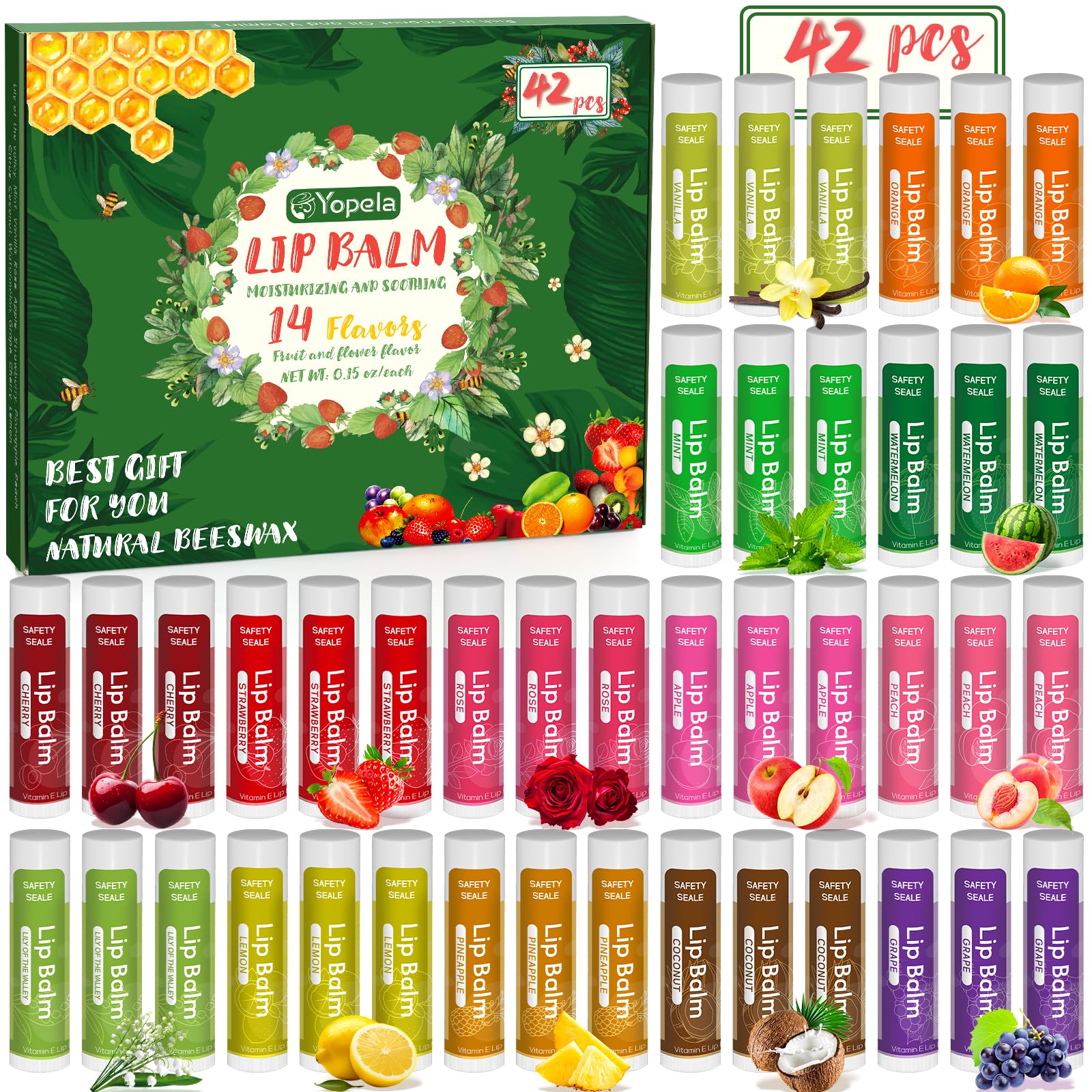 Yopela lip-balm-tubes 42-pack bulk with 14 flavors for daily hydration