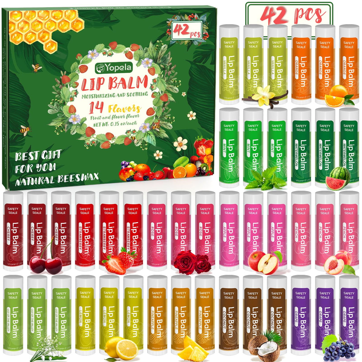 Yopela lip-balm-tubes 42-pack bulk with 14 flavors for daily hydration