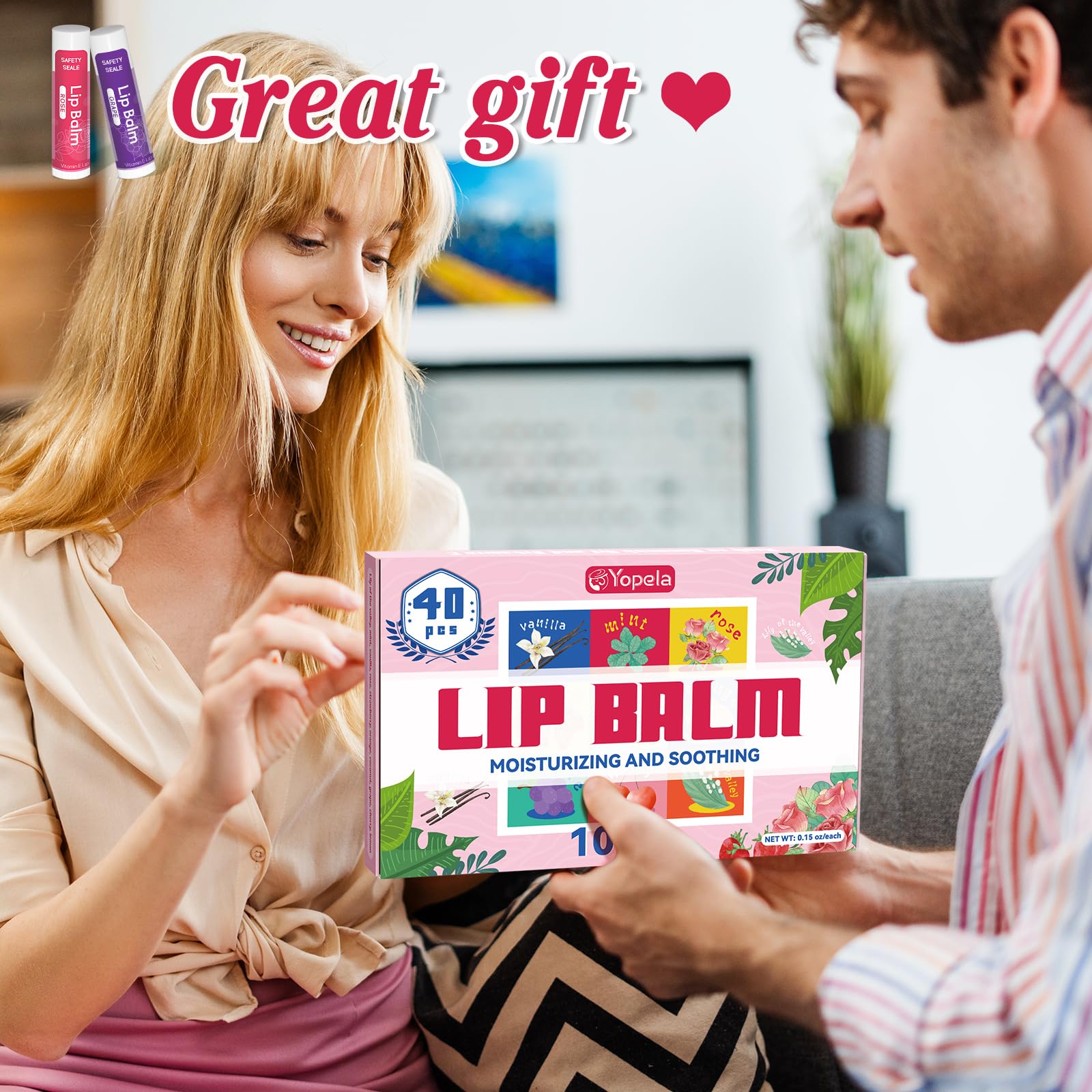 Yopela lip balm packaging and labeling emphasizing clean ingredients and broad gifting appeal.