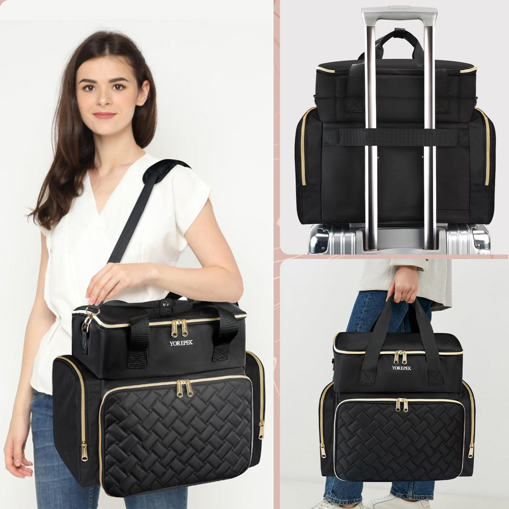 YOREPEK carrying options image shows tote, shoulder, and luggage attachment.