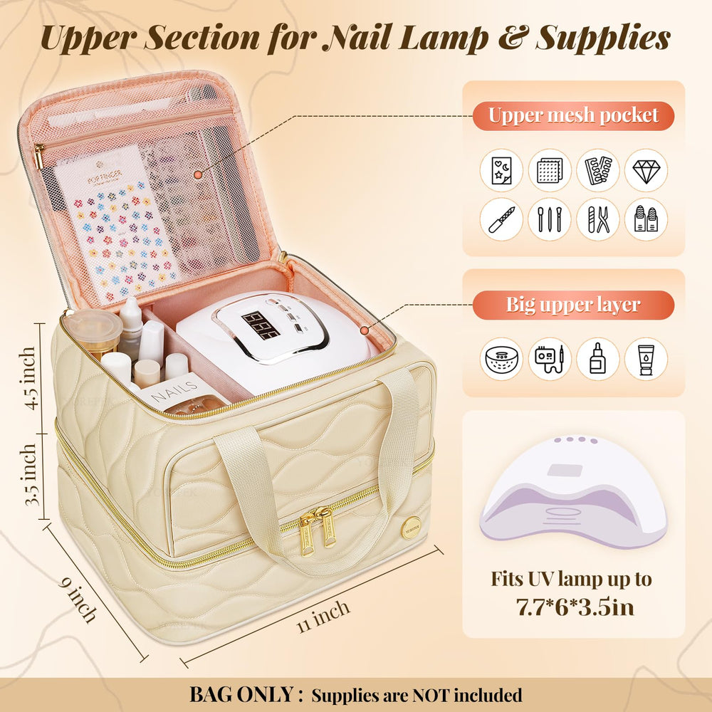 YOREPEK nail-kit-bag-uv-lamp-compatibility highlights top layer for UV lamps and equipment.