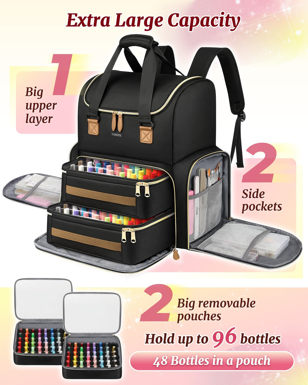 YOREPEK side pockets keep brushes and files organized for efficient manicure setup.
