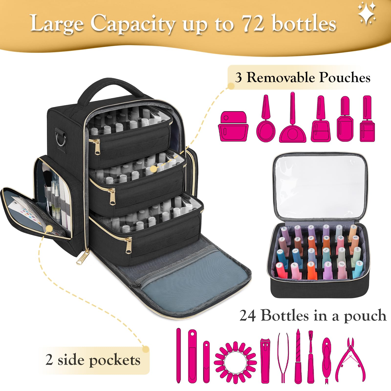 YOREPEK Nail Polish Organizer side pocket illustrates tool storage