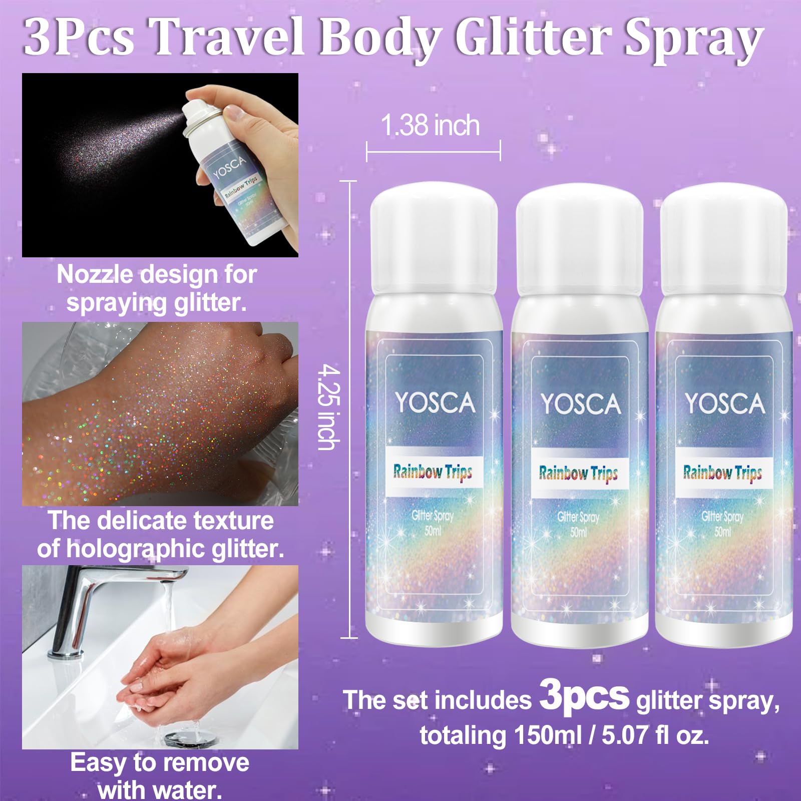 Yosca holographic silver glitter spray bottle close-up showing iridescent shimmer.