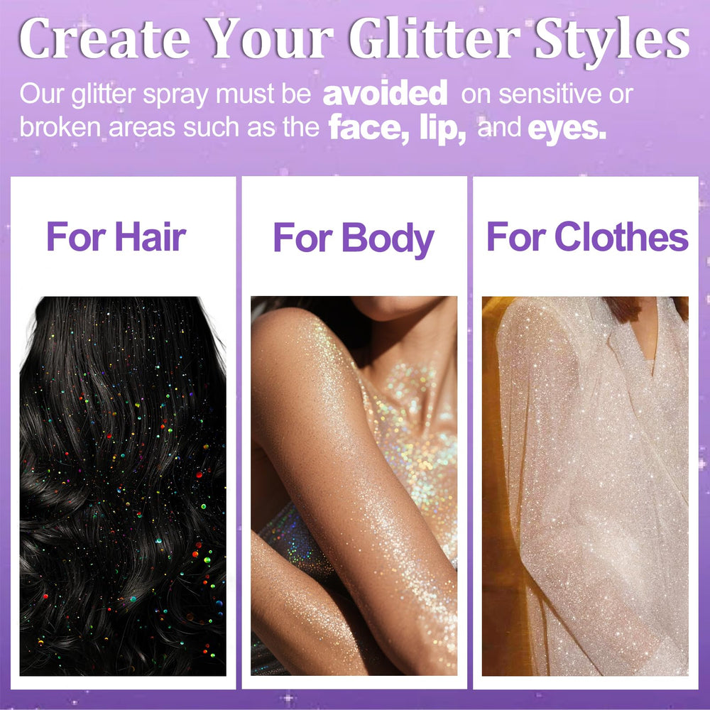 Yosca glitter spray with quick-drying formula shown on skin.