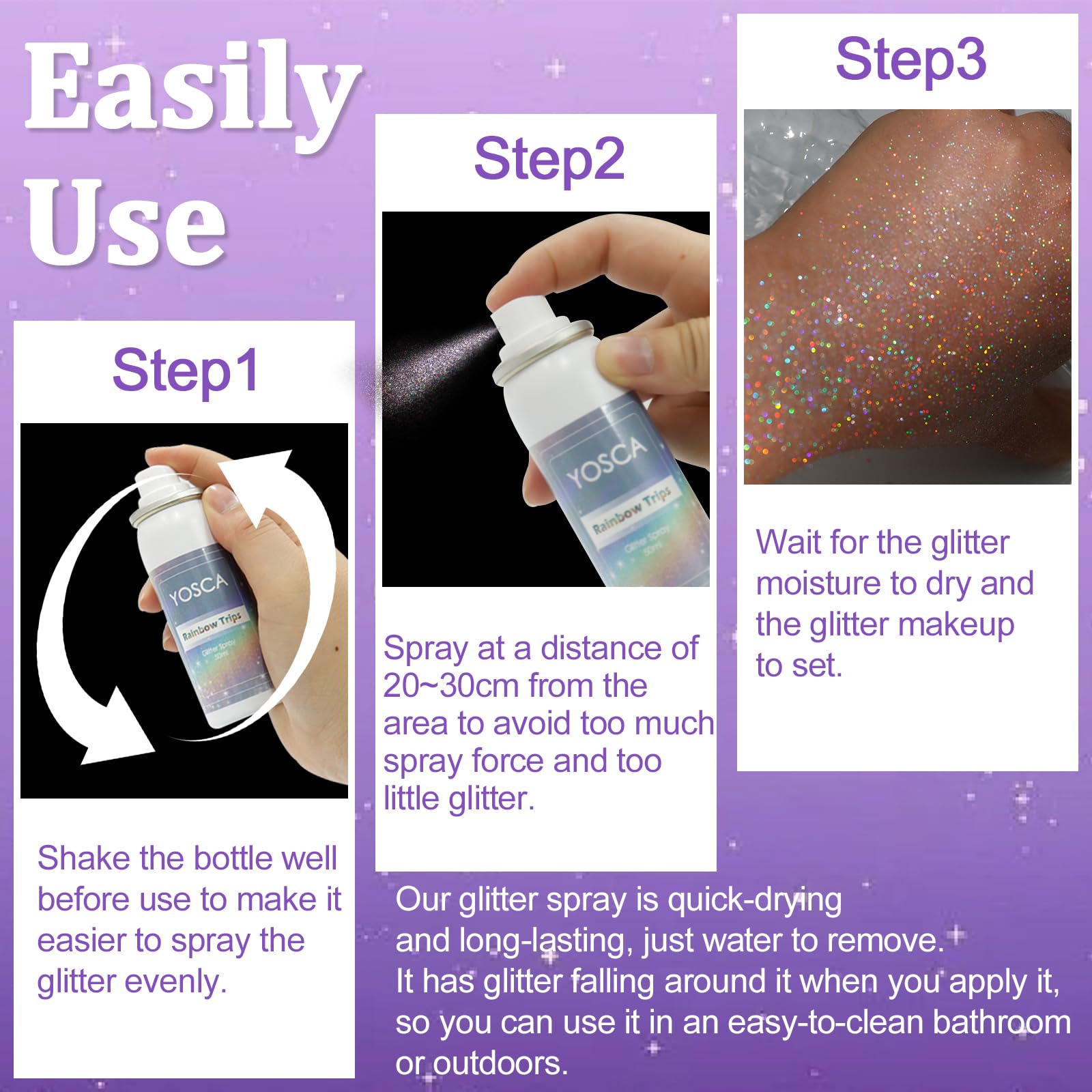 Yosca glitter spray removal demonstrated with soap and water.