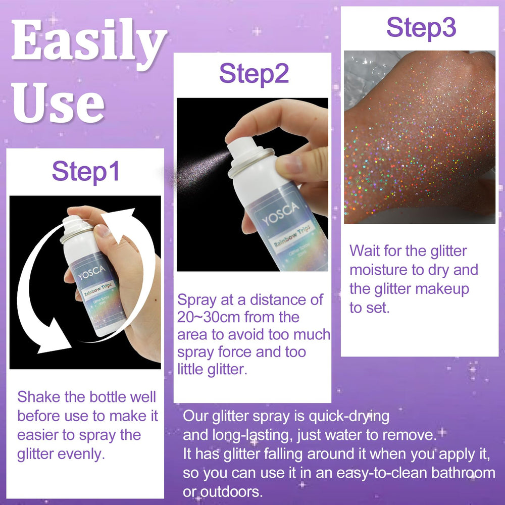 Yosca glitter spray removal demonstrated with soap and water.