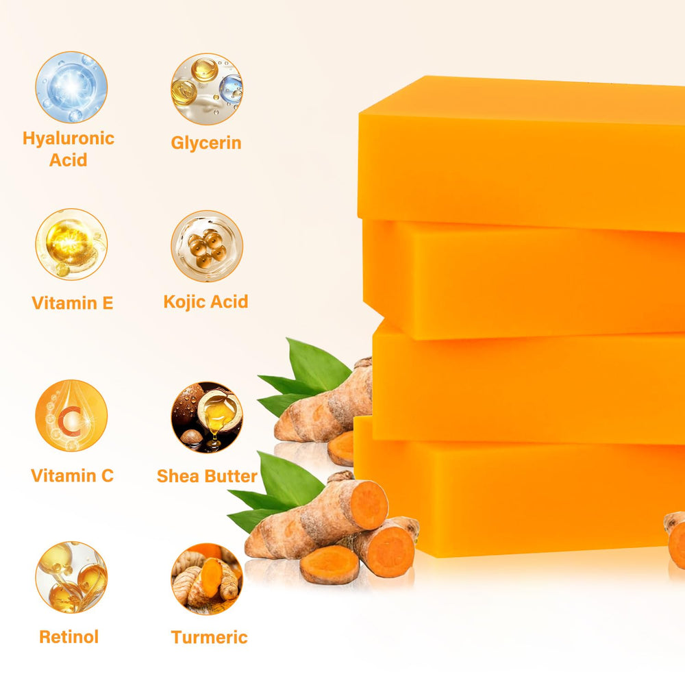 YOSEGOOTER turmeric soap 4-bars pack image emphasizes value and daily skin care routine.