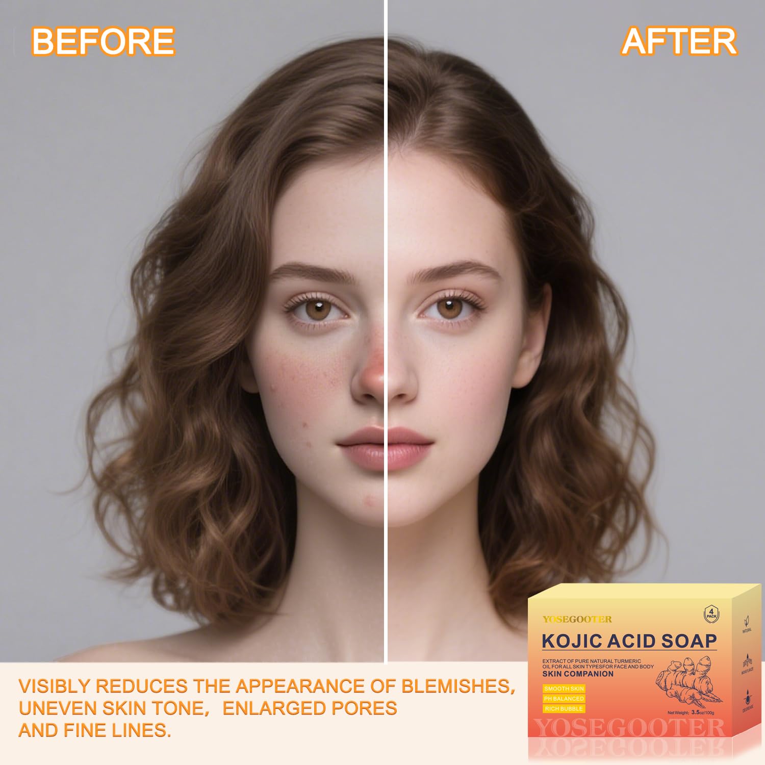 YOSEGOOTER turmeric soap bar closeup ingredients highlights soothing turmeric and kojic acids.