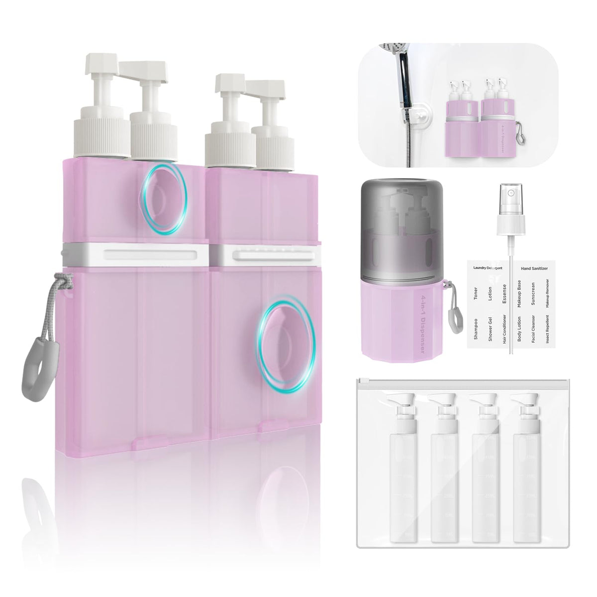 YOTIME 4in1 travel bottles with dispenser bottles for compact packing and easy reach