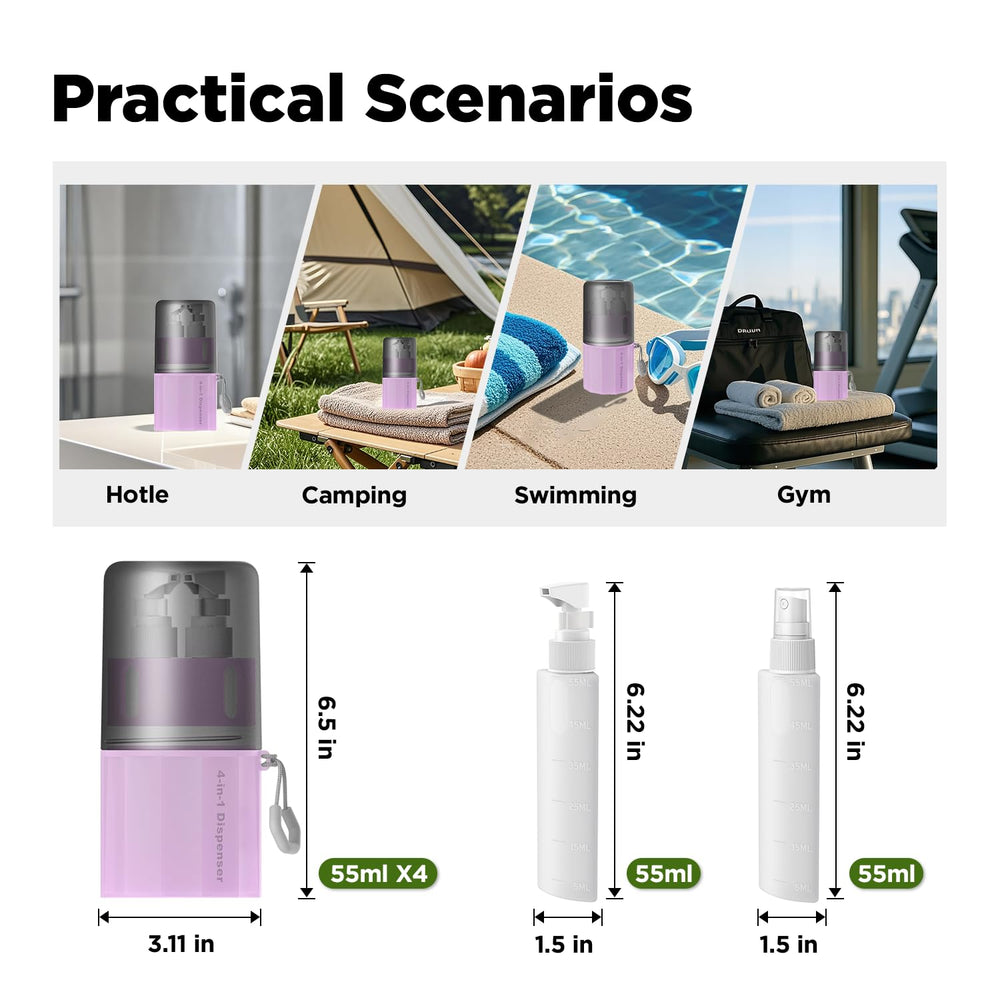YOTIME 4in1 travel bottles kit layout highlighting pink, compact design