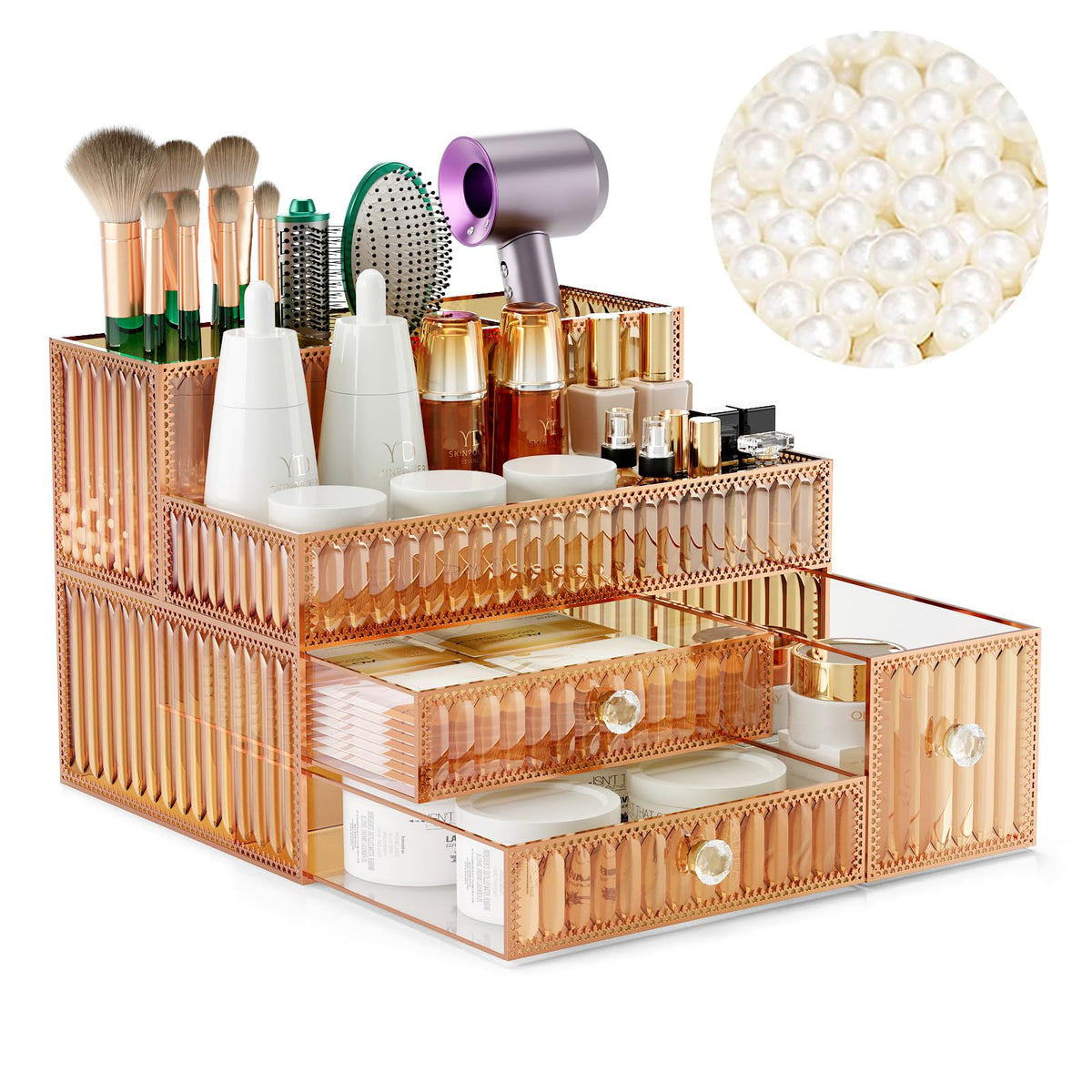 Youdepot golden tempered-glass vanity organizer keeps cosmetics neatly displayed on your counter for easy access.