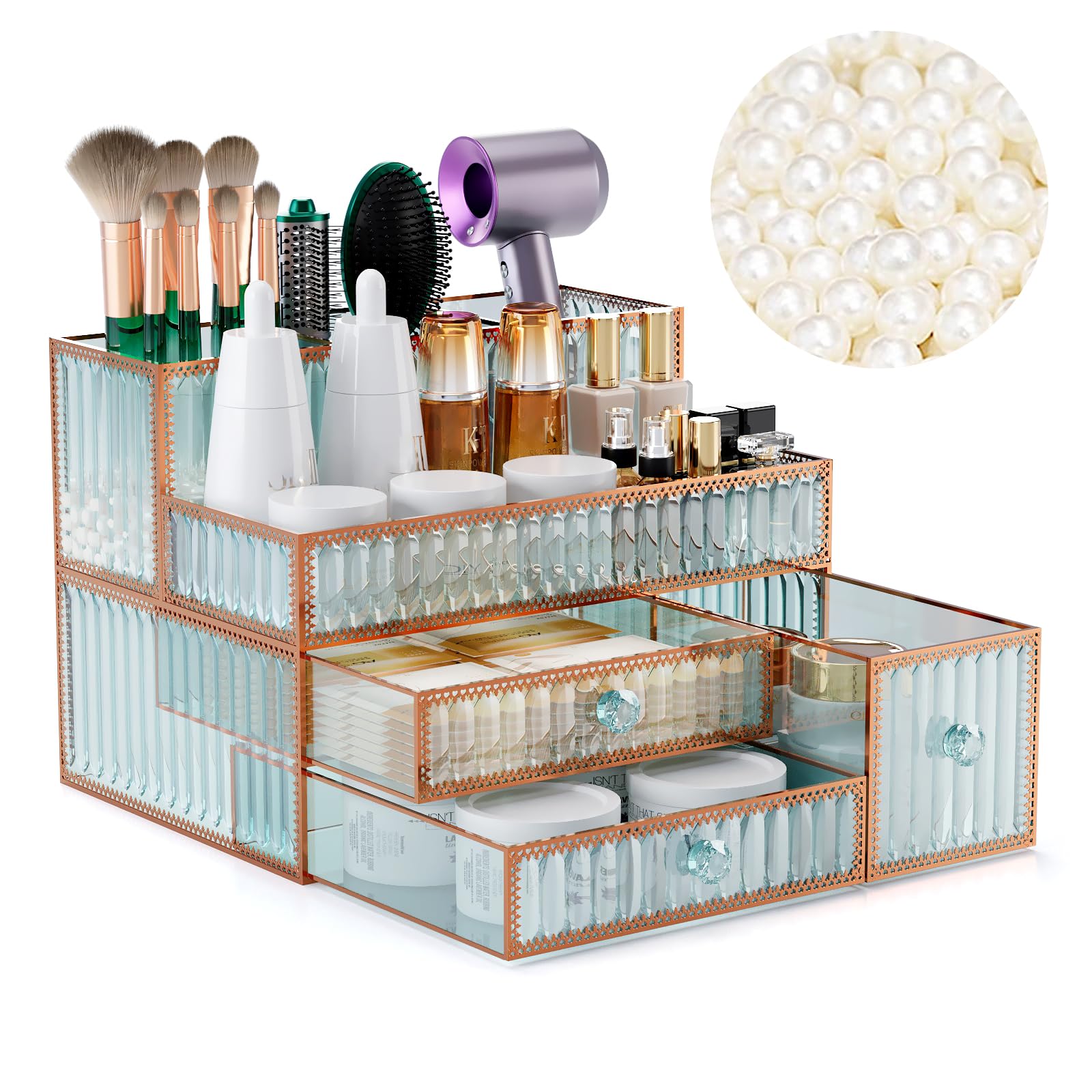 Youdepot makeup organizer countertop close-up glass showing organized vanity storage for cosmetics.