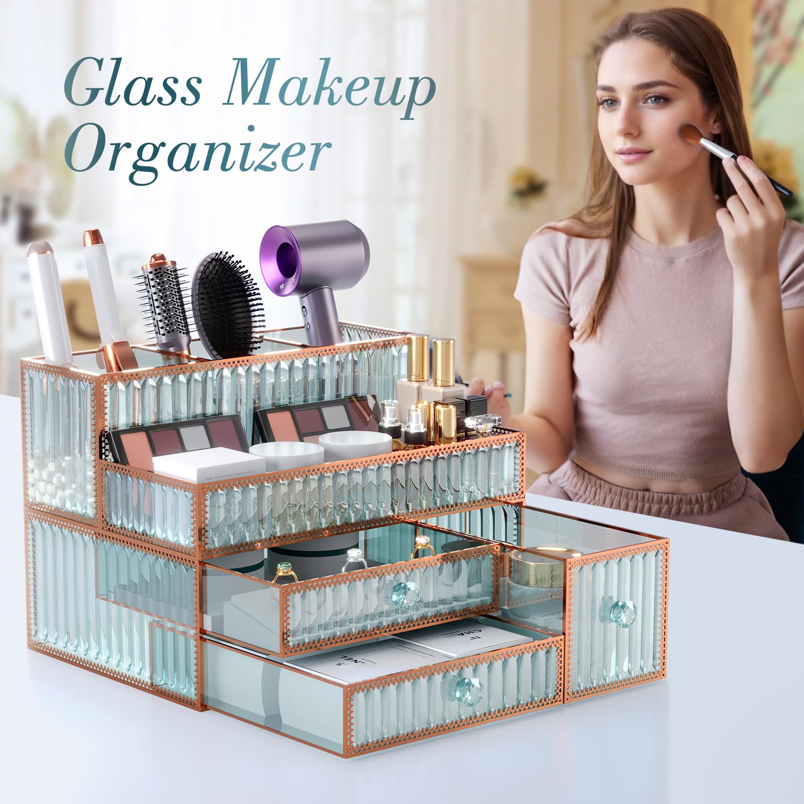 Youdepot makeup organizer on dresser scene neatly displays skincare, brushes and perfume.