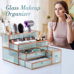 Youdepot makeup organizer on dresser scene neatly displays skincare, brushes and perfume.