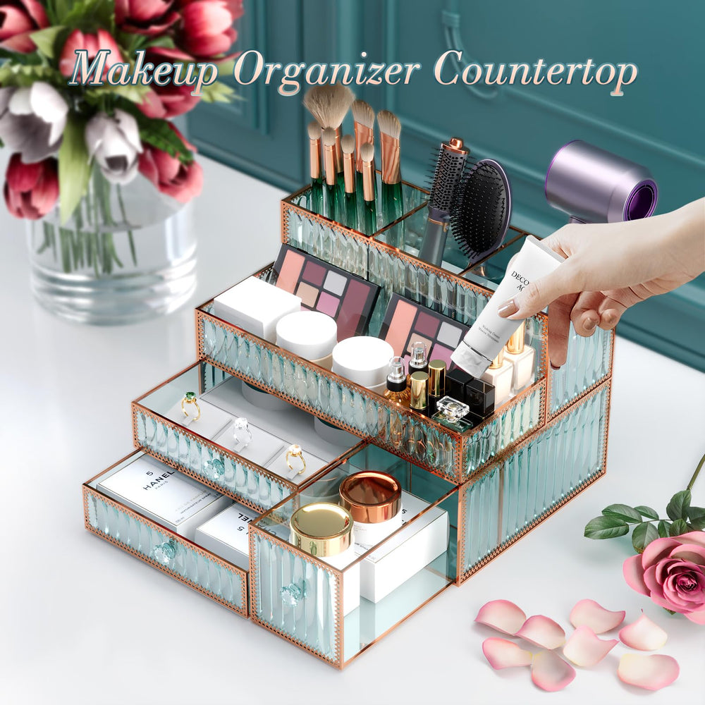 Youdepot makeup-organizer multipurpose-use neatly organizes cosmetics and tools on a countertop.