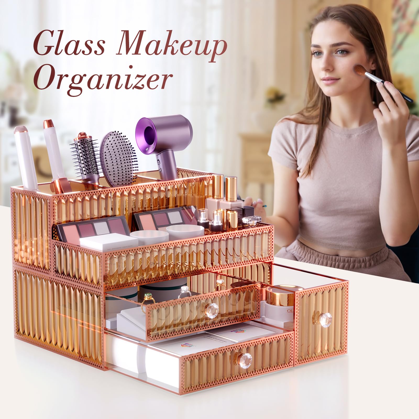 Youdepot perfume and skincare display showcases fragrances and serums on a sleek, organized vanity.
