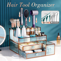 Youdepot tempered-glass hair-dryer holder keeps styling tools organized on a bathroom counter.