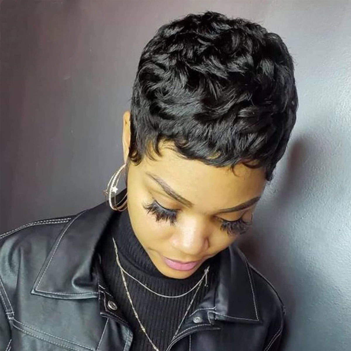 YOUKNOWIG pixie cut wig front view shows natural black Brazilian hair for daily wear.