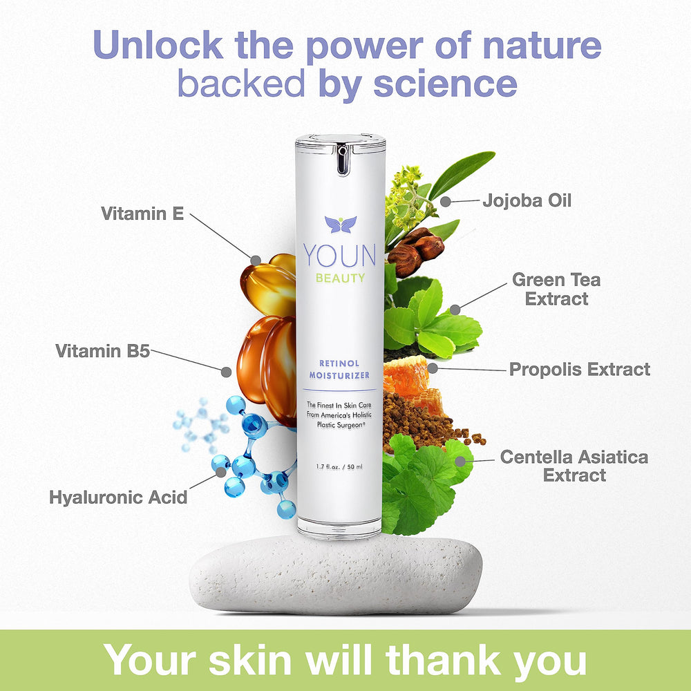 YOUN Beauty Retinol Night Cream with jojoba oil hydration visible.