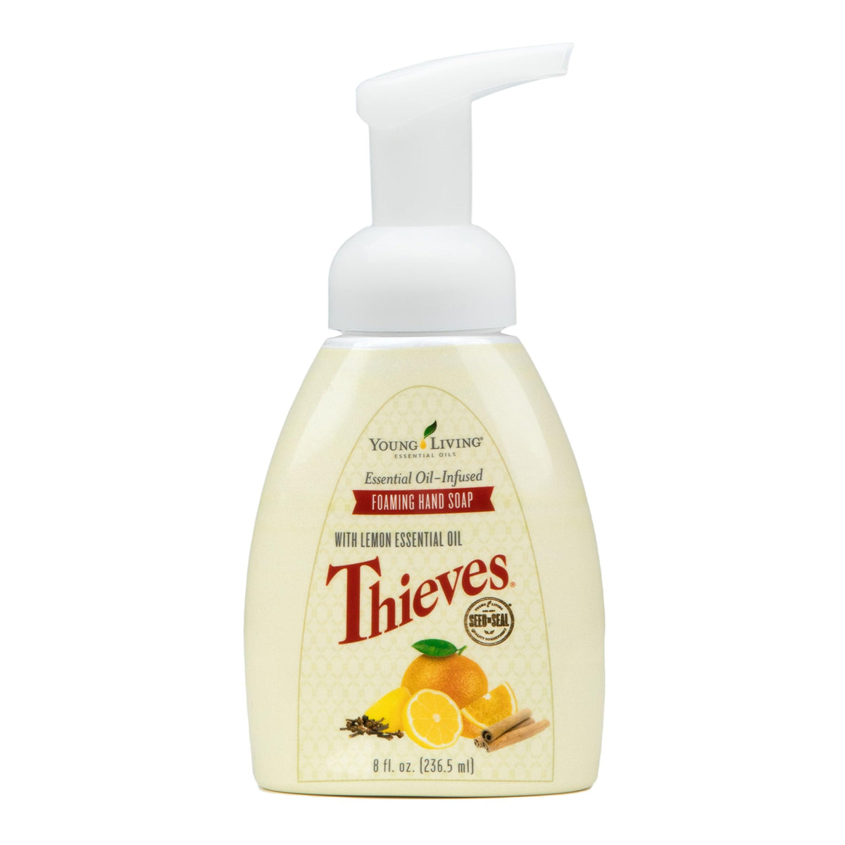 Young Living Thieves foaming hand soap bottle front showing plant-based cleanse for family use