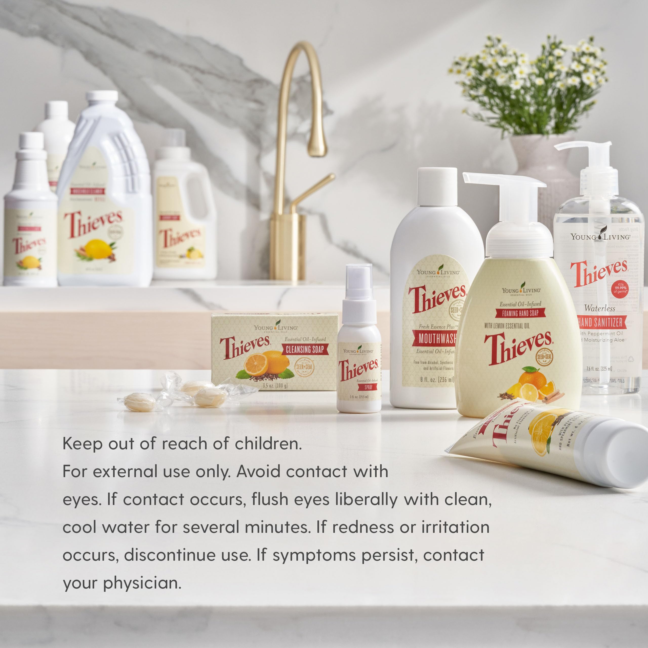 Young Living Thieves foaming hand soap cruelty-free vegan badge displayed