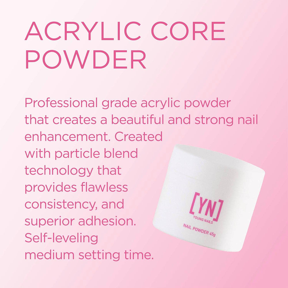 Young Nails Acrylic Core Powder sets in 90 seconds for efficient use.