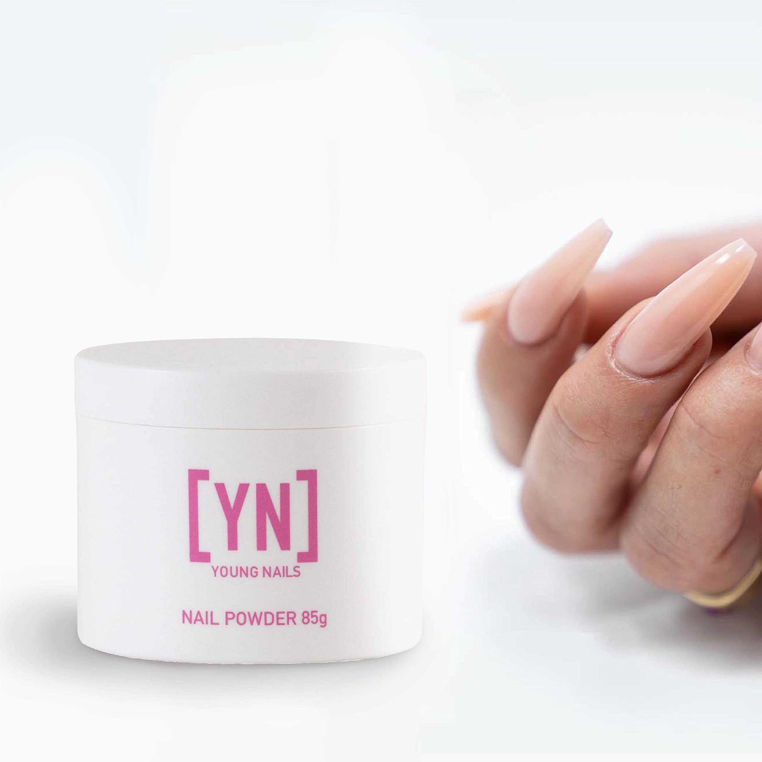 Young Nails Acrylic Core Powder white swatch highlights crisp French manicure base.