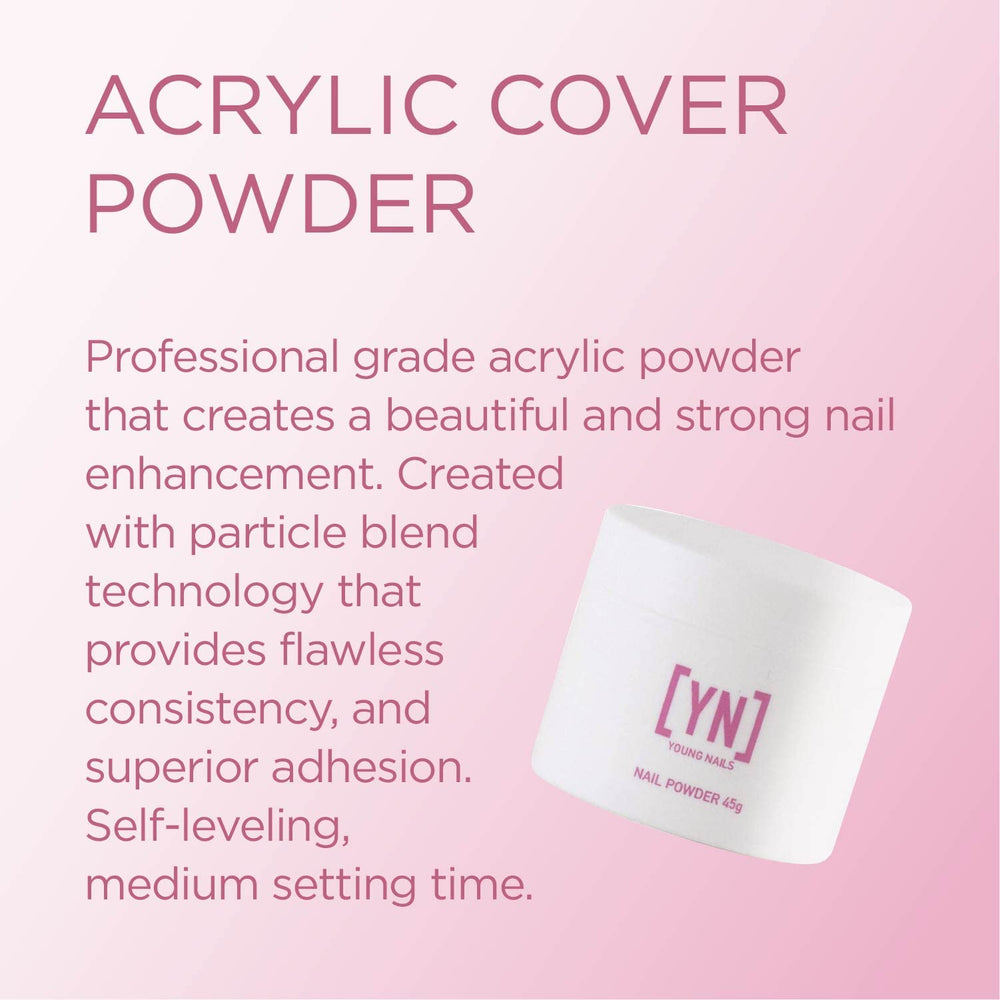 Young Nails Acrylic Cover Powder Rosebud swatches displaying natural, nude, and pink shades for versatile designs.
