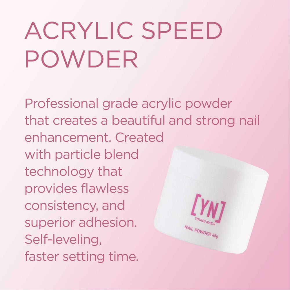 Young Nails Acrylic Speed Powder Crystal Clear Application offers pristine, natural-looking nails.