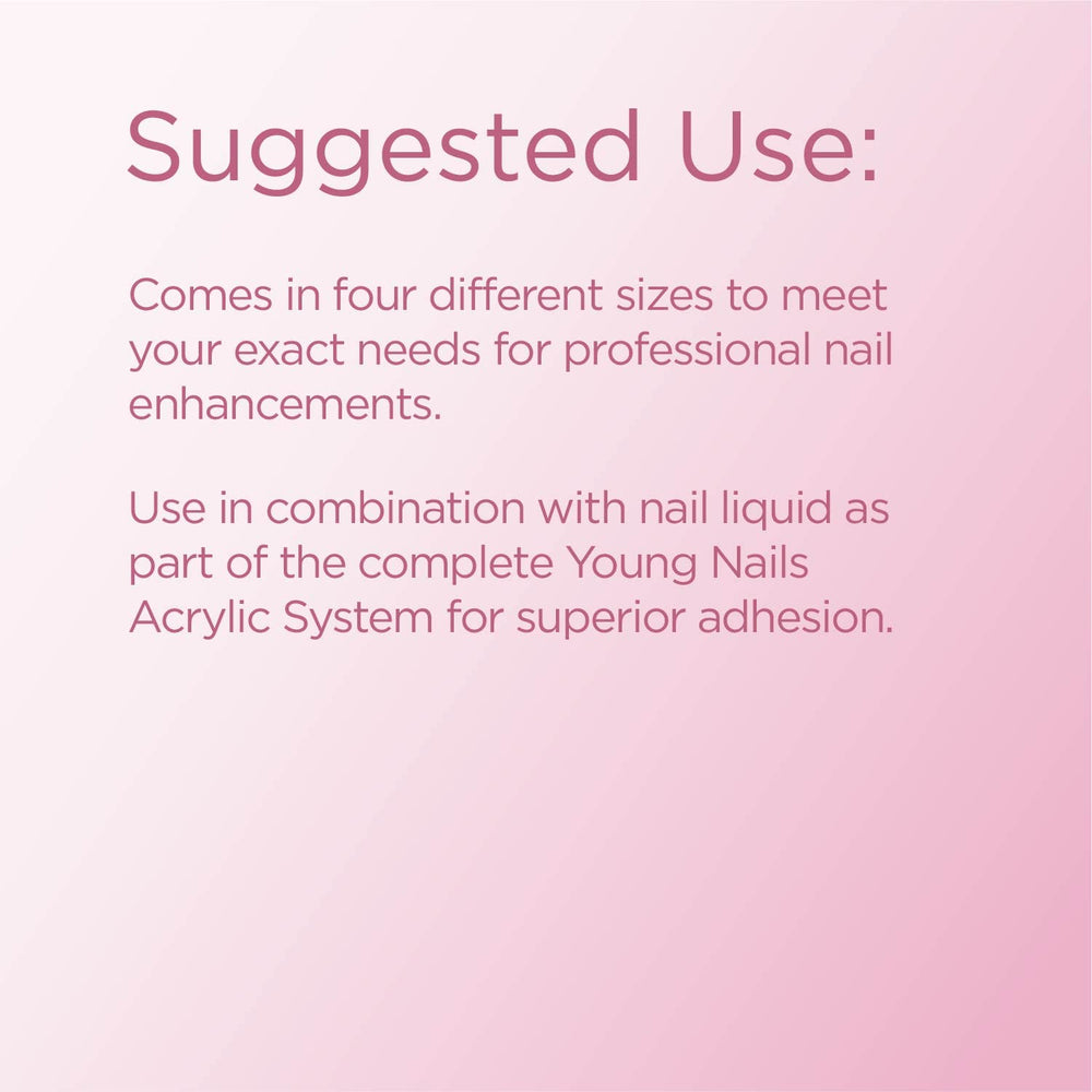 Young Nails Acrylic Speed Powder Particle Blend delivers consistent mix and smooth self-leveling.