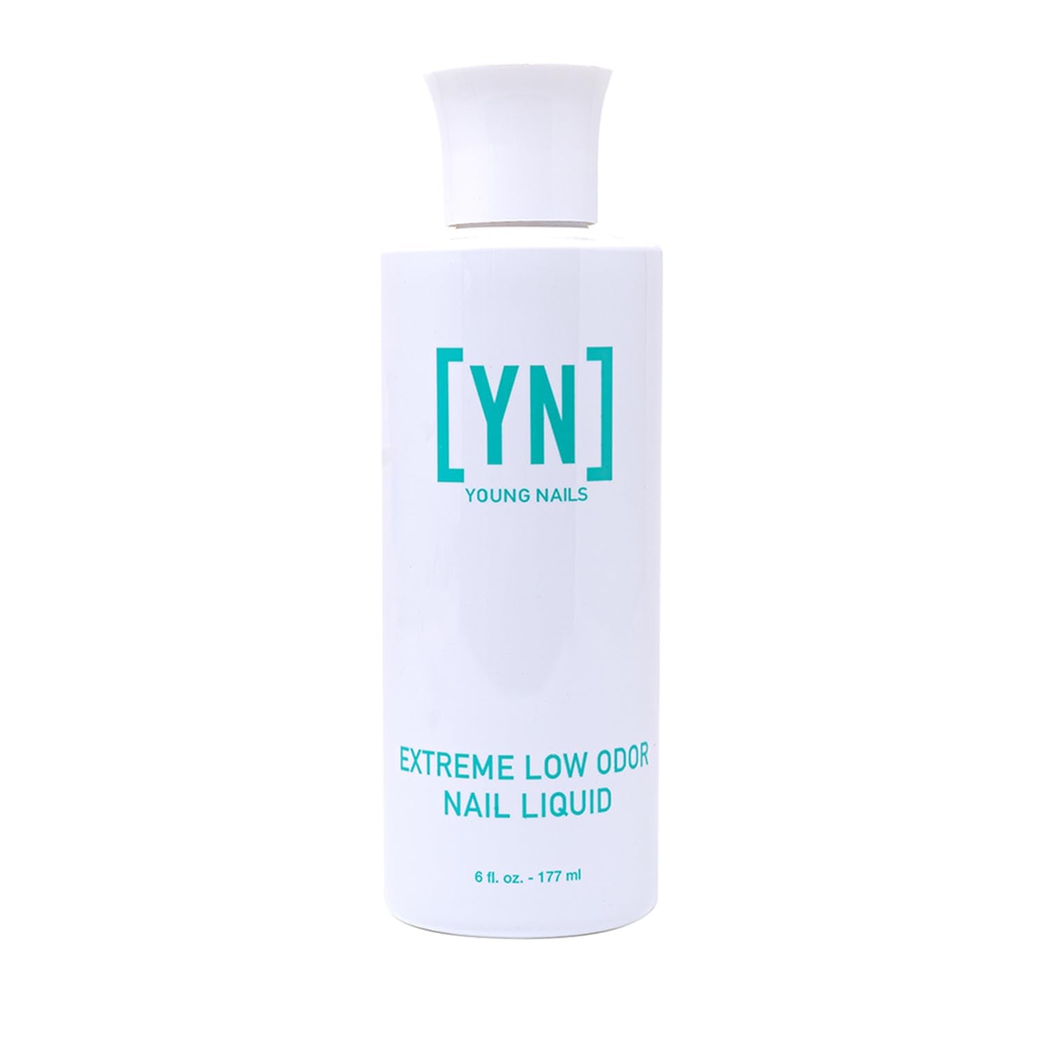 Young Nails Extreme Low Odor Liquid Monomer bottle closeup for low-odor acrylic nail enhancements.