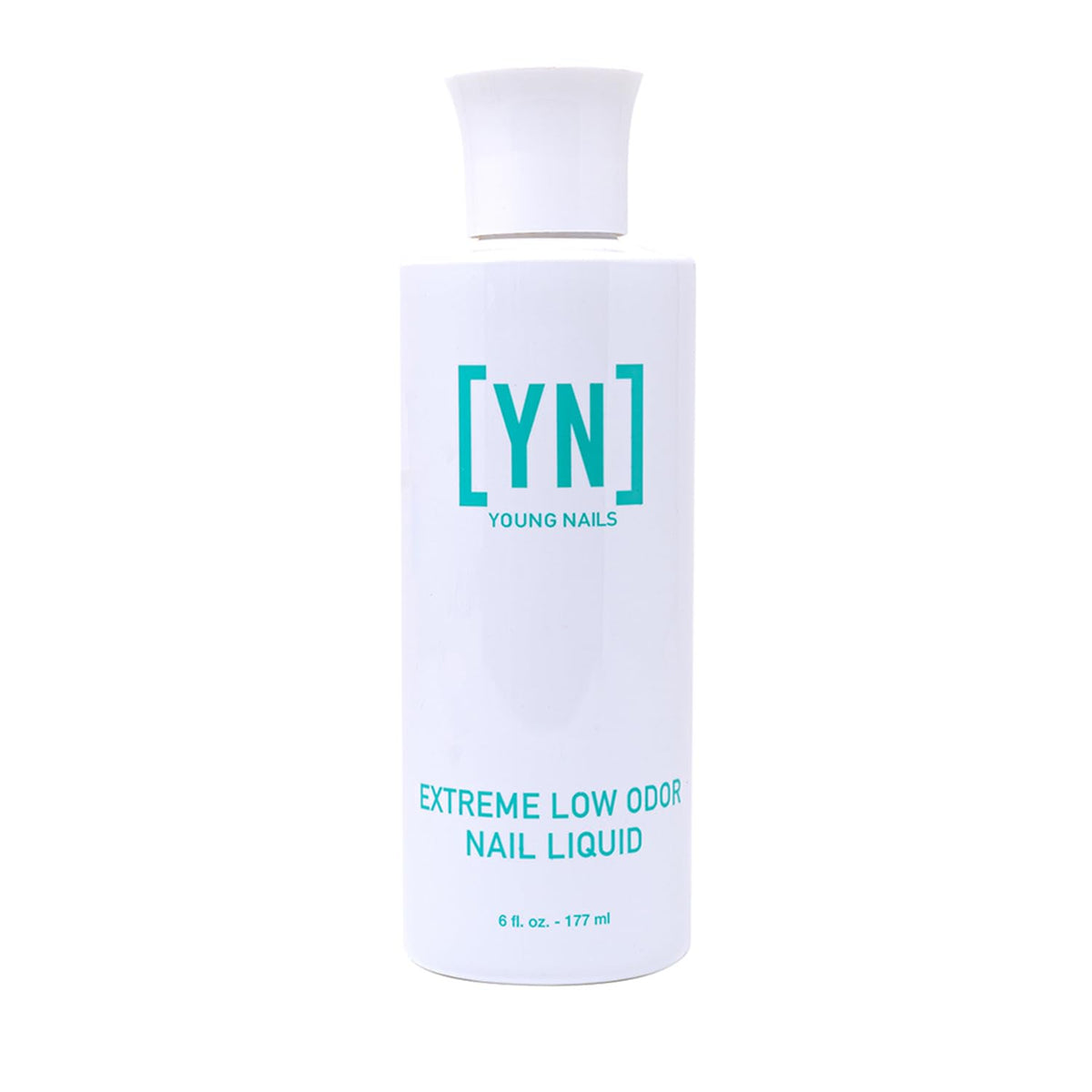 Young Nails Extreme Low Odor Liquid Monomer bottle closeup for low-odor acrylic nail enhancements.