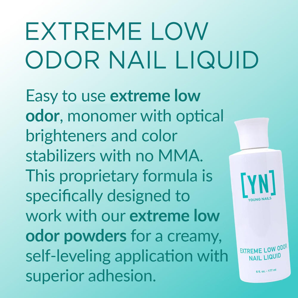 Young Nails liquid monomer application shows creamy, self-leveling consistency for smooth acrylic nails.