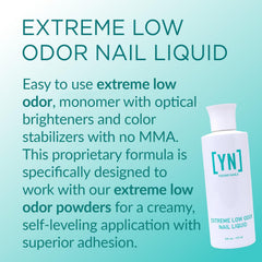 Young Nails liquid monomer application shows creamy, self-leveling consistency for smooth acrylic nails.