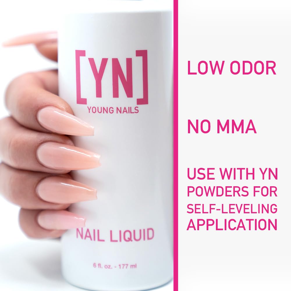 Young Nails Monomer pour demonstrates clean handling and smooth flow for even acrylic application